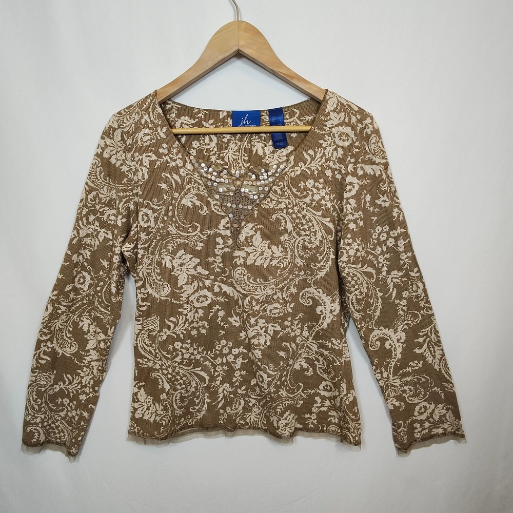 J.H. Collectibles Top Women's Large Brown Sequin Floral Paisley Long Sleeve